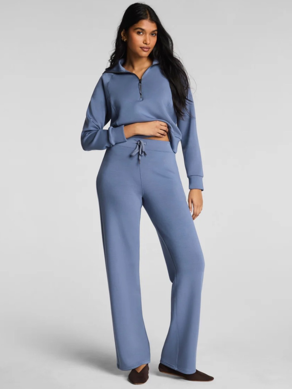 SPANX Women’s Rain Blue Half Zip Top Straight Leg Pants Set Size Medium Petite